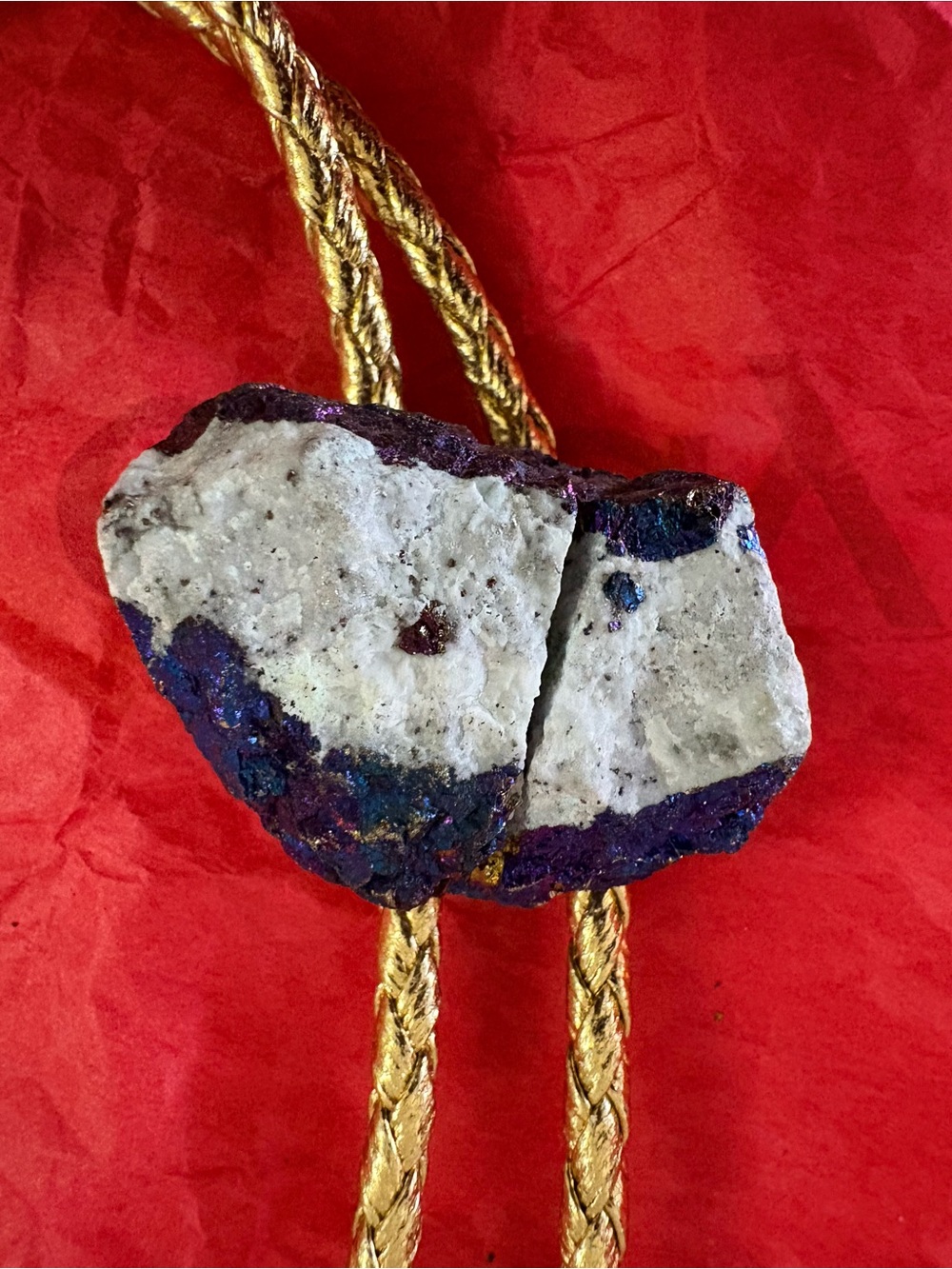 Purple and White Druzy Stone Pendant with Gold Rope Cord